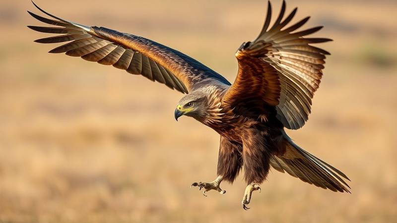 Un Aigle royal adulte en vol, montrant son plumage brun foncé et sa nuque dorée.
