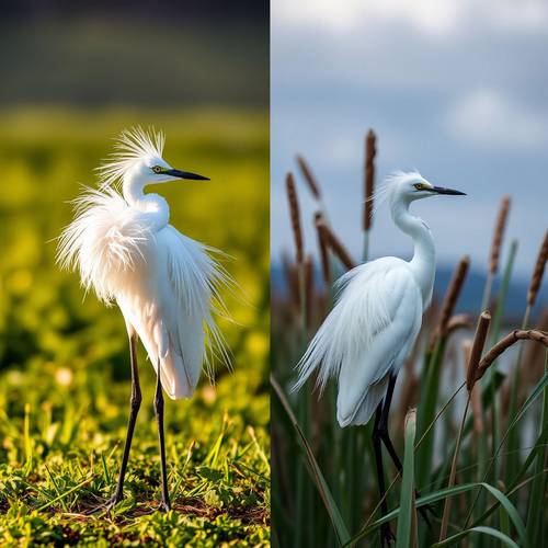 Comparaison du plumage de l'Aigrette garzette en période nuptiale et internuptiale.