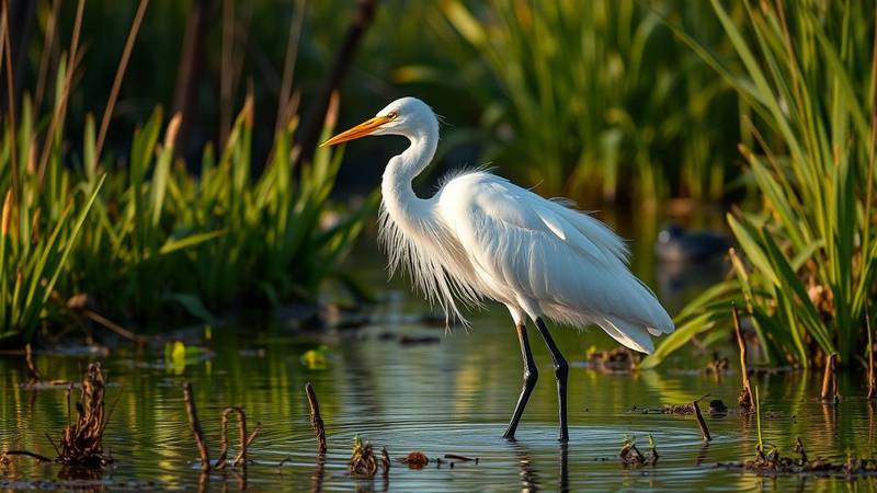 Une Aigrette garzette en plumage nuptial se tenant dans une zone humide.