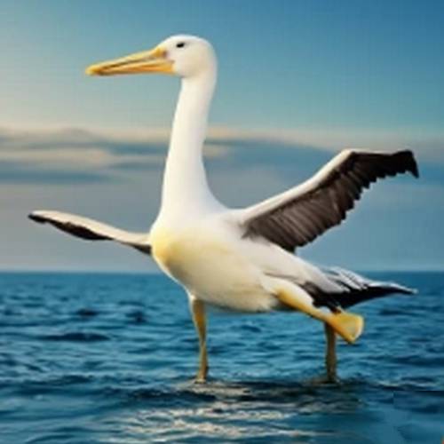 Close-up photo of an albatross, with its wings outstretched against a blue sky. The bird has a white body, with dark feathers on its wings and tail, and a yellow beak. Albatrosses are known for their impressive wingspan and their ability to fly long distances over the ocean.