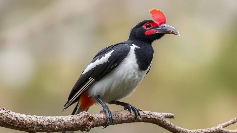 Un Calao à bec rouge perché sur une branche, montrant son bec rouge vif et son plumage noir et blanc.