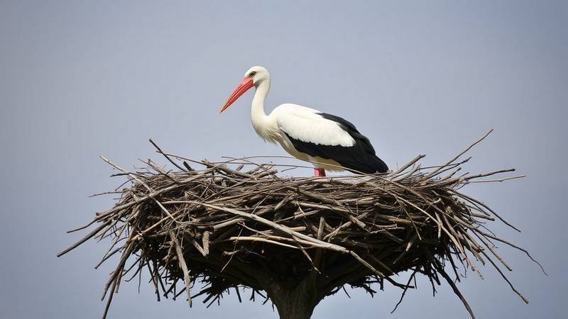 Une Cigogne Blanche (Ciconia ciconia) dans son grand nid de branchages, symbole du retour du printemps.