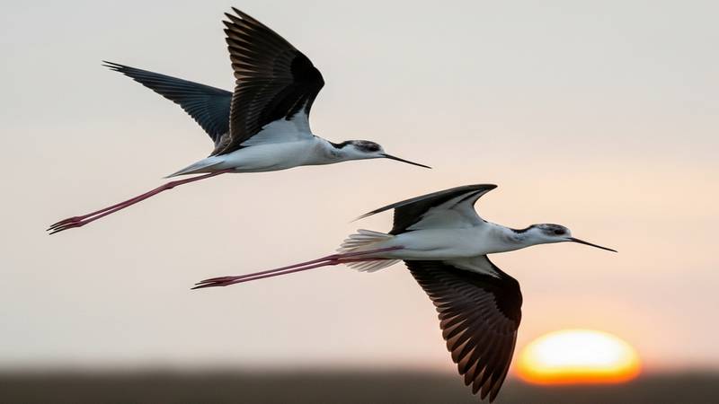 Deux Échasses blanches en vol, montrant leurs motifs noirs et blancs et leurs longues pattes.