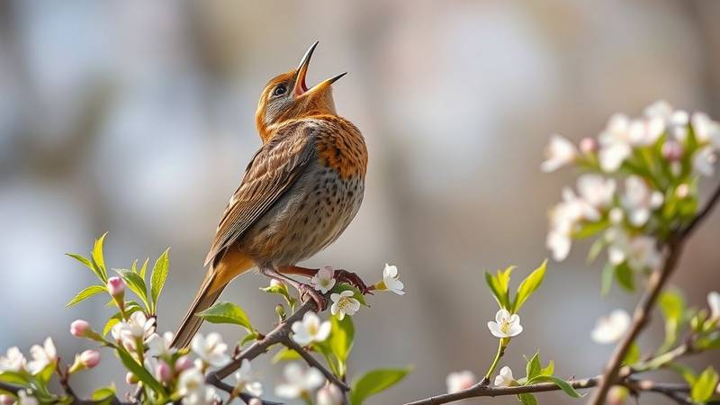 Une Grive musicienne, poitrine tachetée bien visible, chantant avec force depuis le sommet d'un arbre.