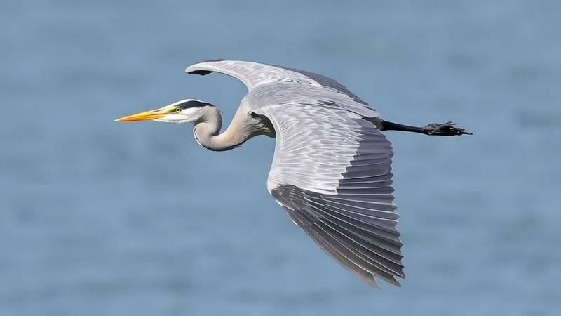 Un Héron cendré adulte en vol, montrant son plumage gris et sa silhouette caractéristique.