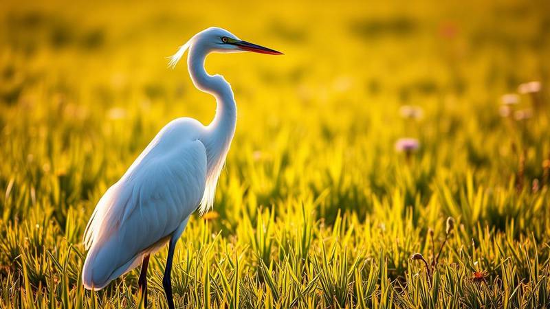Un Héron garde-bœufs en plumage nuptial orangé se tenant dans une prairie.