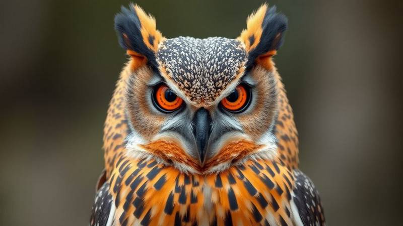 Un majestueux Hibou Grand-Duc adulte, avec ses grandes aigrettes et ses yeux orange perçants.
