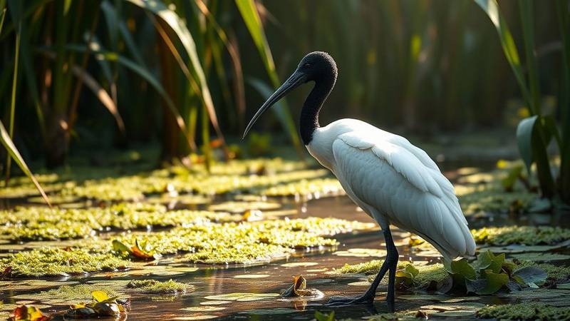 Un Ibis sacré se tenant dans une zone humide, avec sa tête et son cou noirs caractéristiques.