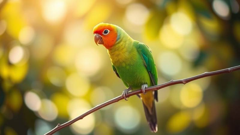 Un Inséparable de Fischer coloré perché, montrant son corps vert, sa tête orange et son anneau oculaire blanc..