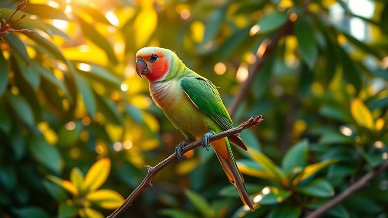 Un inséparable Roseicollis perché sur une branche, montrant son corps vert et son visage rose rosé.