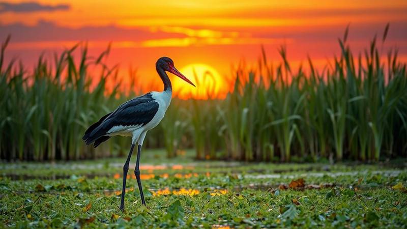 Un Jabiru d'Afrique se tenant dans une zone humide.
