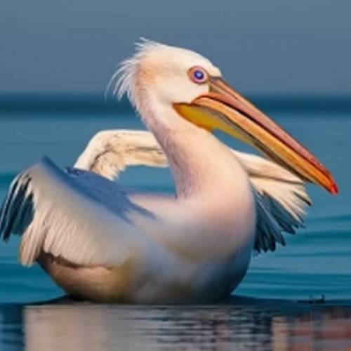 An American white pelican in flight, with its wings fully extended and its distinctive orange bill visible. The pelican is soaring over a calm body of water, with a background of blue sky and distant trees.