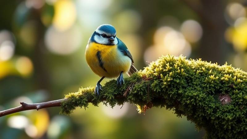 Une Mésange bleue éclatante perchée sur une branche moussue, montrant sa calotte bleue et sa poitrine jaune.