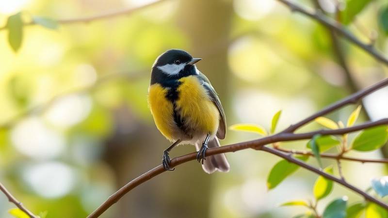 Une Mésange charbonnière avec sa tête noire et sa poitrine jaune perchée sur une branche.