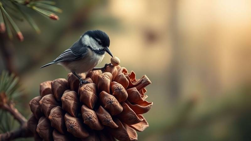 Une Mésange noire extrayant habilement une graine d'un cône de pin.