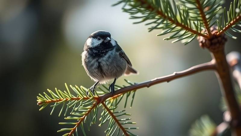 Une petite Mésange noire avec sa tache nucale blanche caractéristique, perchée sur une branche de conifère.
