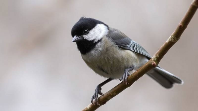 Une Mésange nonnette avec sa calotte noire brillante et sa petite bavette, perchée sur une branche.