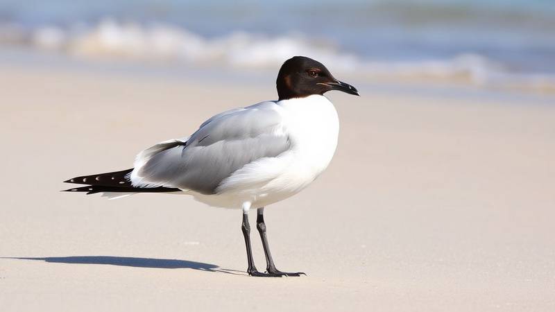 Une mouette rieuse en plumage nuptial, avec son capuchon chocolat caractéristique, se tenant sur une plage.
