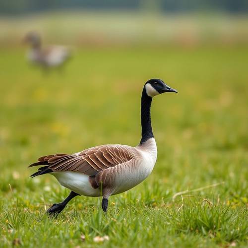 Une oie domestique patrouillant dans un pré.