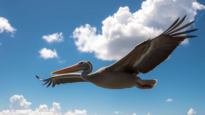 Un Pélican Brun en vol au-dessus de l'eau, avec son sac gulaire visible.