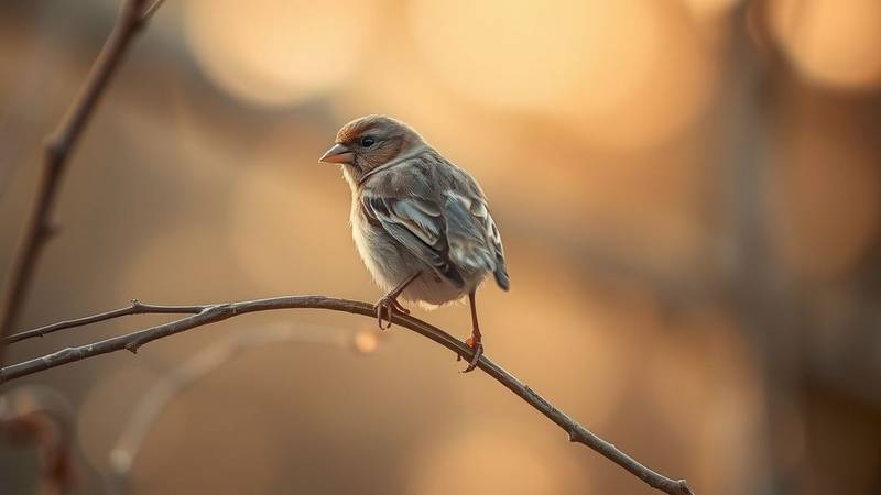 Une femelle de Pinson des arbres, au plumage discret brun-gris, perchée sur une fine branche.