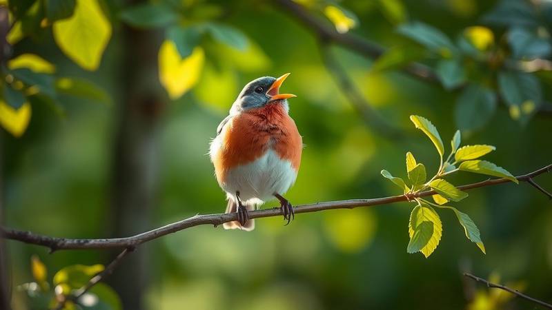 Un Pinson des arbres mâle, avec sa poitrine rose-orangé et sa tête bleu-gris, chantant sur une branche.