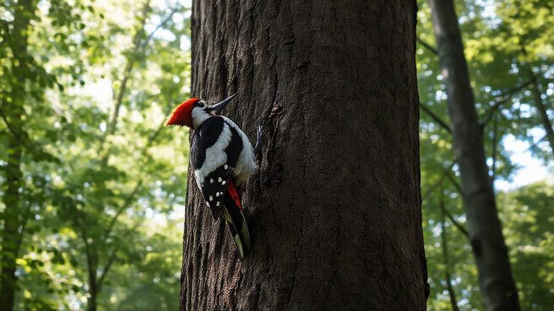 Pivert sur un tronc d'arbre, reconnaissable à sa calotte rouge et son plumage vert.