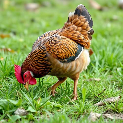 Une poule domestique picorant dans l'herbe.