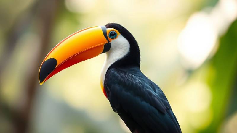 Un Toucan Toco de profil, montrant son grand bec orange et son plumage noir et blanc.