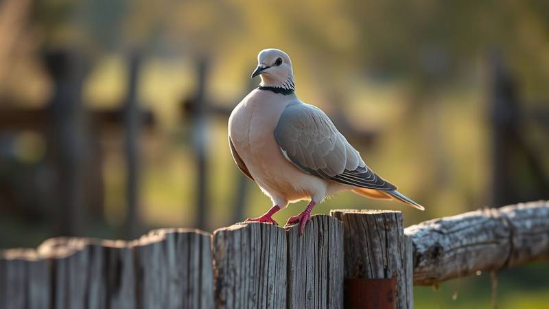 Une tourterelle turque au plumage beige-gris, avec son collier noir distinctif, perchée sur une clôture.