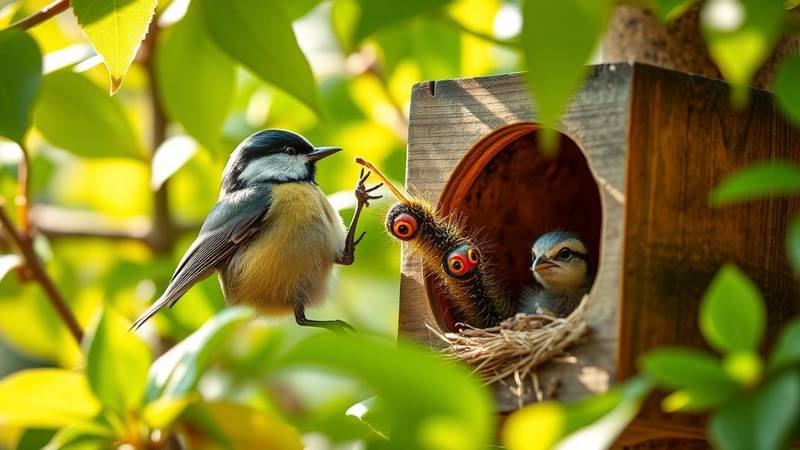 Une Mésange charbonnière apportant une chenille à son oisillon dans un nichoir.