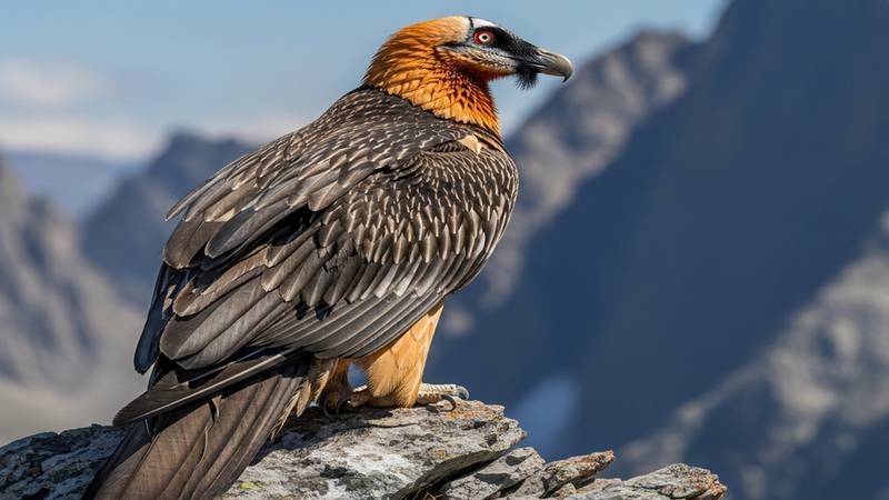A Bearded Vulture soaring in a mountain sky.