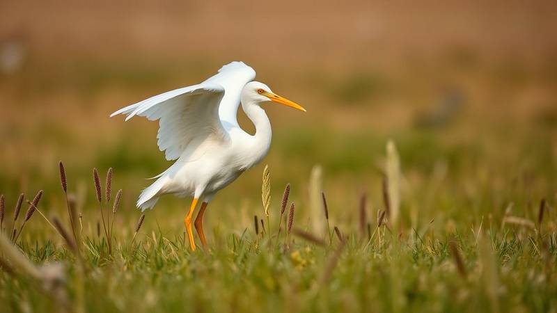 A Cattle Egret in orange breeding plumage standing in a grassy field.