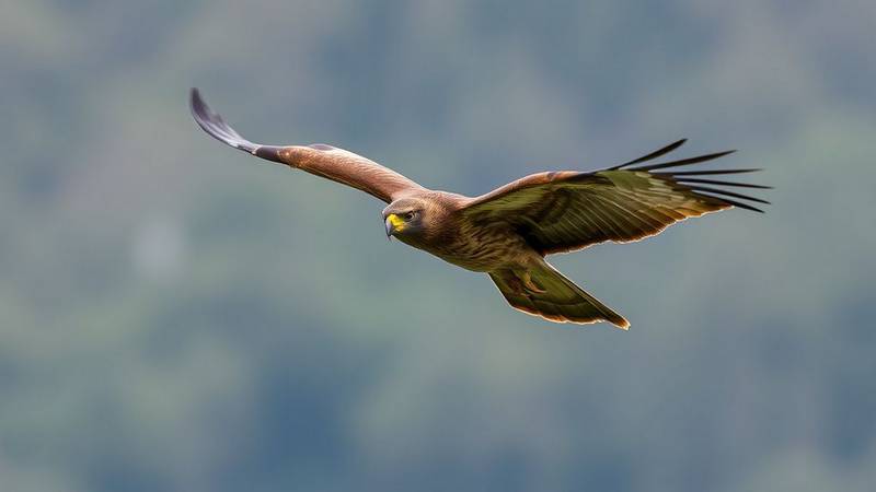 An adult Common Buzzard in flight, showing its typical plumage and broad wings.