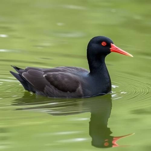 A Common Moorhen swimming on the water surface.