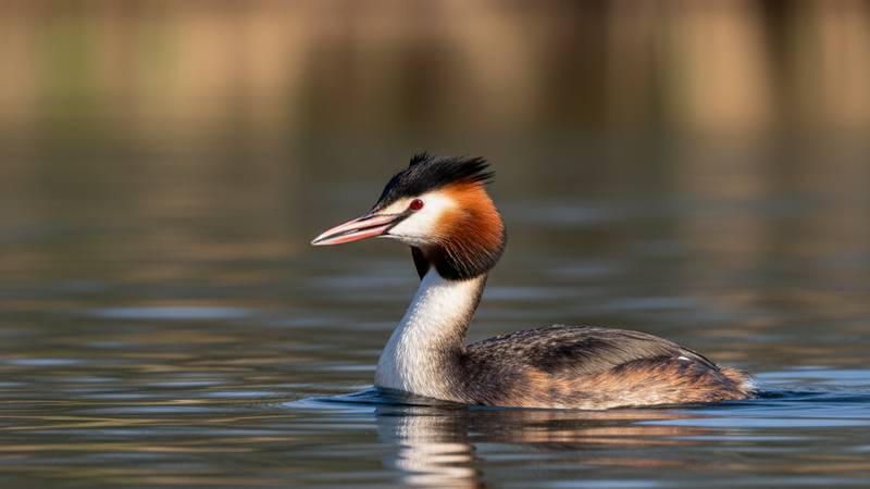 A Great Crested Grebe in breeding plumage, displaying its distinctive crests and collar.