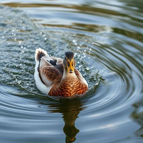 A domestic duck splashing in the water.