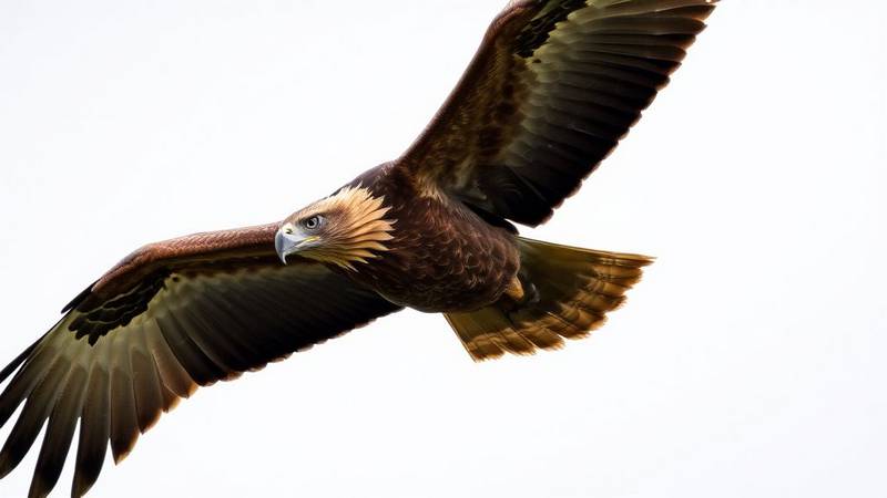 An adult Golden Eagle in flight, showing its dark brown plumage and golden nape.