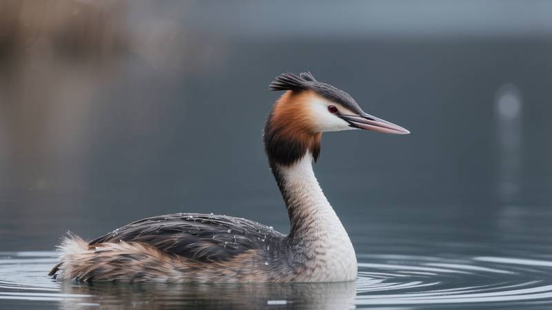 A Great Crested Grebe in winter plumage, showing a more subdued profile.