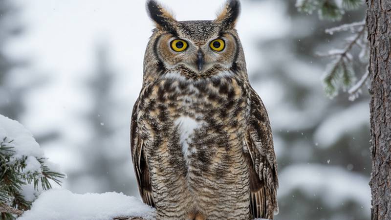 A Great Horned Owl perched, recognizable by its ear tufts and yellow eyes.