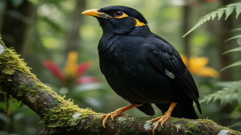 A Hill Myna, recognizable by its glossy black plumage and yellow wattles.