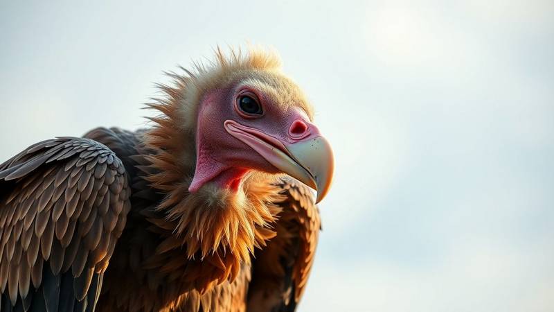 Portrait of a Lappet-faced Vulture showing its bare, pink head and powerful beak.