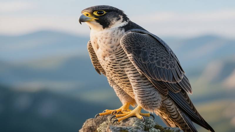 A Peregrine Falcon perched, ready to launch.
