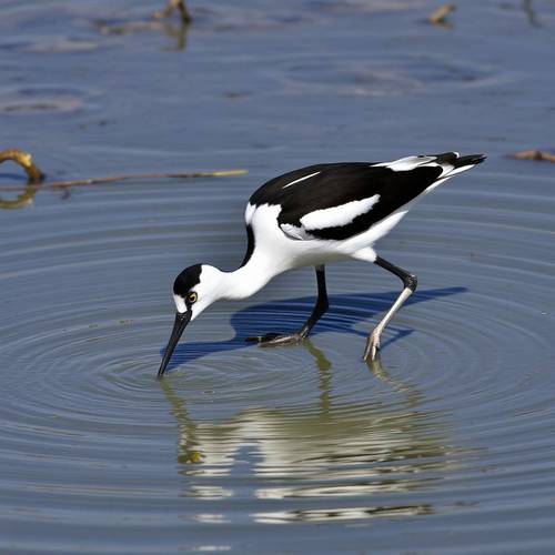 A Pied Avocet feeding in shallow water.