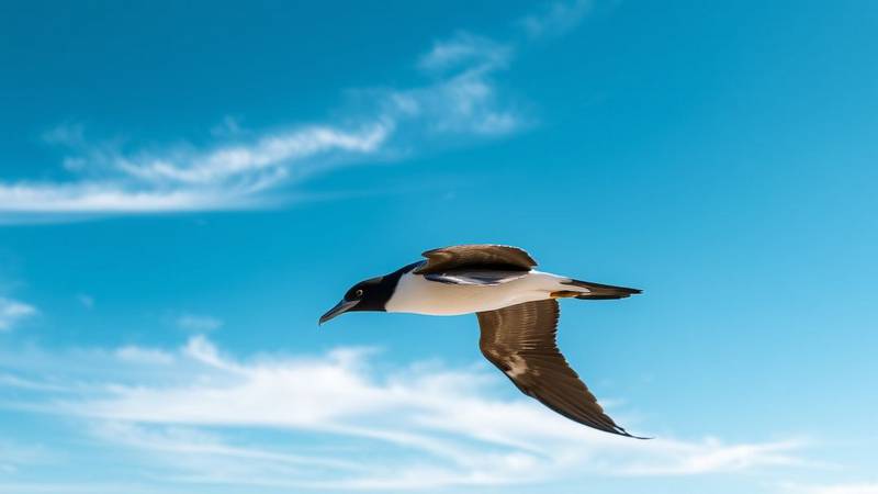 A Pomarine Jaeger in flight, showcasing its powerful build and direct flight pattern.
