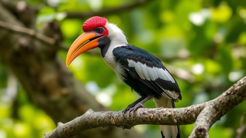 A Red-billed Hornbill perched on a branch, showing its vivid red bill and black-and-white plumage.