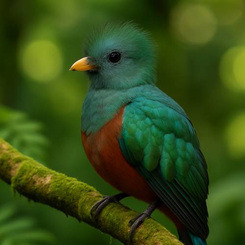 A female Resplendent Quetzal, recognizable by the absence of long tail feathers and her less vibrant plumage.