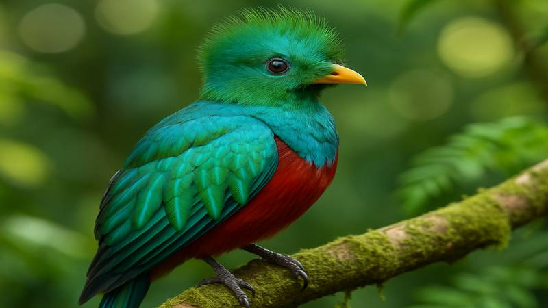 A male Resplendent Quetzal in the cloud forest, showing its iridescent plumage and long tail feathers.