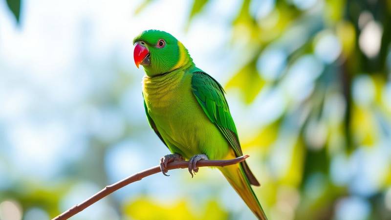 A bright green Rose-ringed Parakeet perched on a branch, showing its red beak.