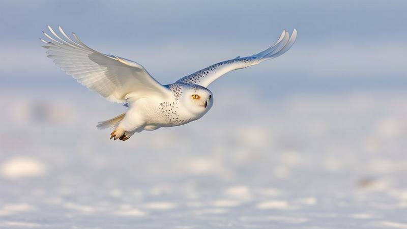 An adult male Snowy Owl in flight.